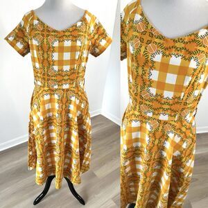 Unique Vintage Miss Lulo Citrus Orange Print Gingham Fit & Flare Dress L